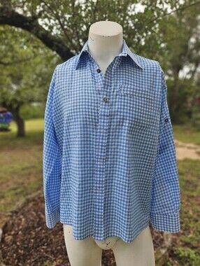 Edelnice 100% Cotton Plaid Gingham Squares Blue White Long Sleeve Shirt XL